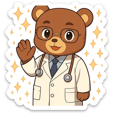 Add magical sparkles around the chibi bear as a doctor. Keep the image with no background. sticker