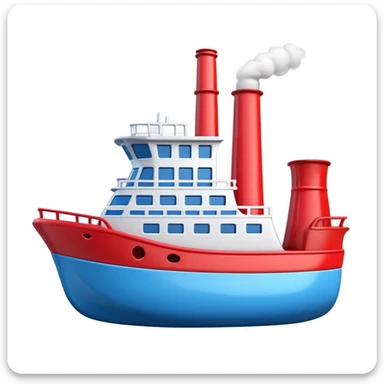 3D Apple-style emoji of a ship with simplified shapes, cartoon-like look, glossy finish, soft shadows, white background, featuring a red smokestack, blue hull, and recognizable windows sticker
