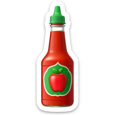 sriracha sauce bottle, upright, bright red, green nozzle cap, slightly translucent, thick glossy red sauce inside, simple shape, no label or branding, no dish or extras, apple emoji style, soft lighting, emoji scale sticker