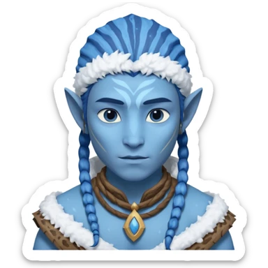 a Avatar blue skin wearing ancient animal skin cloth with snow, half body, icon sticker