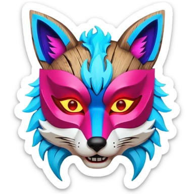 Ancient wooden mask, broken in half, luminous and neon with red, blue, and pink fox-like glow. Fragments of the mask scattered around. sticker