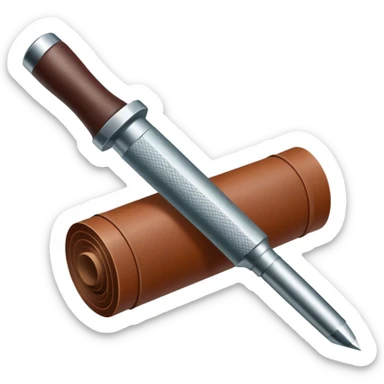 Leatherworking icon, partially unrolled raw leather roll, carving tools like engraver needle or chisel, stamp or press, textured surface, minimalistic style, clean lines, transparent background. sticker