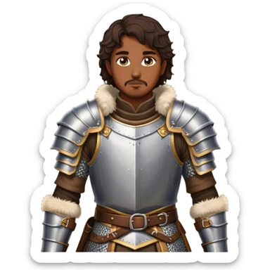 medieval battle armor worn by a DnD themed fantasy character. basic brigandine vest over chainmail with a fur-lined collar. armor only above the waist. The armor full waist. The character's haven't arms. character is dark brown hair amber eyes short wavy hair brown-skinned man. sticker