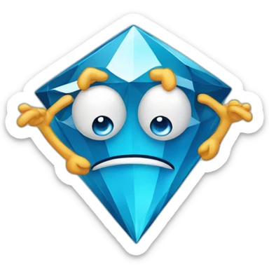 A blue diamond with a face, arms and legs doing something random and with a sad face sticker