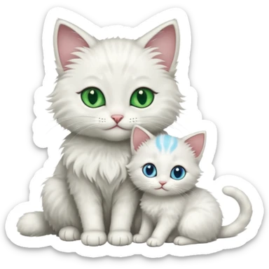 Black cat with green eyes cuddling next to small white kitten with blue eyes  sticker