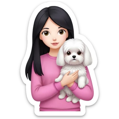 Beautiful girl with long straight black hair, fair skin, wearing pink clothes, holding a pure white fluffy Maltese dog sticker