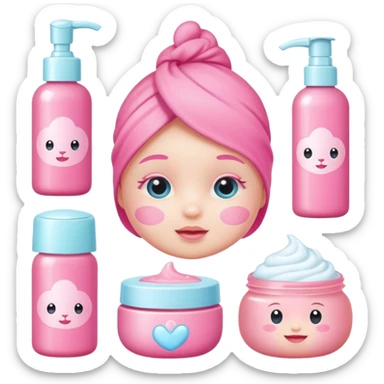 a collection of bright pink soft baby skincare and coqquette sticker
