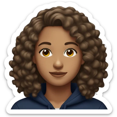 Beautiful lightly tanned skin brunette with slightly curly hair with brown eyes wearing a navy blue hoodie sticker