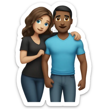 Couple embracing with arms around each other; white woman with blue eyes and brown hair, Indian man with black hair  sticker