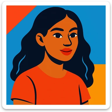 young woman with dark hair and medium skin, modern illustration style, vibrant colors, clean lines sticker