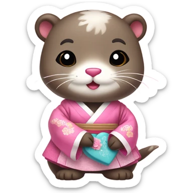 A cute and lovely otter dressed in traditional Korean hanbok, holding a pink heart sticker