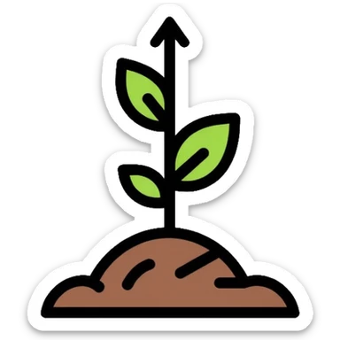 A simple outlined seedling sprouting from soil with small green leaves and a tiny upward graph line, representing the 1% improvement principle sticker