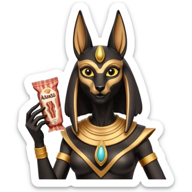  Friendly silky Black fur beautiful female alien anubis statue posed biting on store-brand bacon packaging  sticker