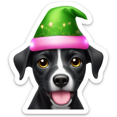 Black mouth curr dog with pink Christmas lights and elf hat sticker