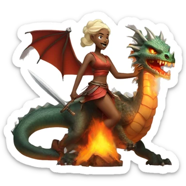 Beautiful folk lady with a battle axe warrior flying on a fire breathing dragon sticker