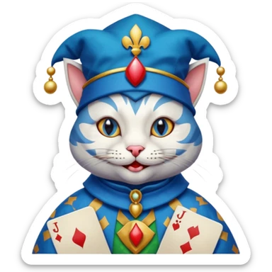 crazy colorful cute little cat jolly joker from poker, medieval, vintage, court jester, mac os icon, blue color, poker cards, mage sticker
