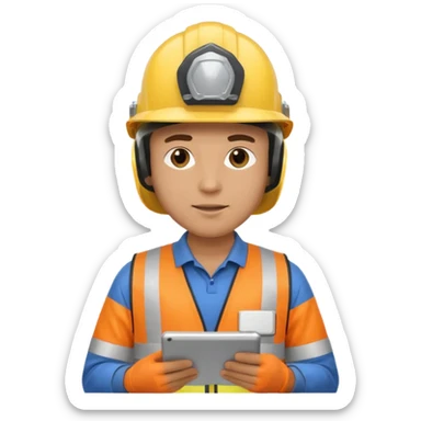 a guy wearing safety outfit with helmet holding a safety first tablet sticker