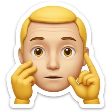 a detailed 3D render of a thoughtful face emoji, yellow round face with raised eyebrows, one hand touching chin, expressive eyes, digital art style, clean background sticker
