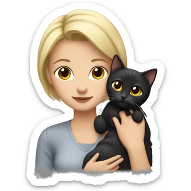 blonde with short hair holds a black, gray and red cat in her arms sticker
