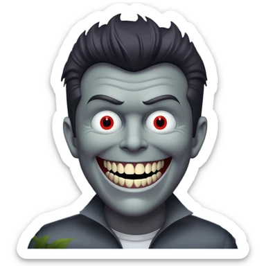 Rick Astley in a dark forest but he expanded in width and he has a demonic devious evil killer sharp teeth smile and Rick Astley has no eyes and Rick Astleys gray and the entire picture including Rick Astley is gray sticker