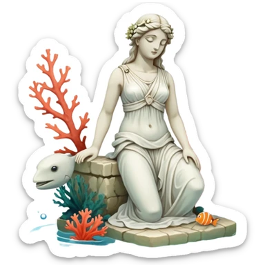 sunken white female greek statue, broken, include water and coral in the sea, sea weed, some sea animals sticker