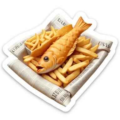 Cinematic Realistic Fish and Chips Dish Emoji, depicted with crispy golden battered fish and chunky hand‚Äêcut chips served in traditional newspaper wrapping, rendered with mouth‚Äêwatering texture and warm natural lighting that captures its quintessential British charm. sticker