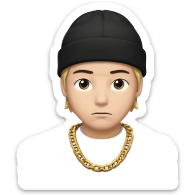 young man with black beanie, thick chain, serious expression sticker