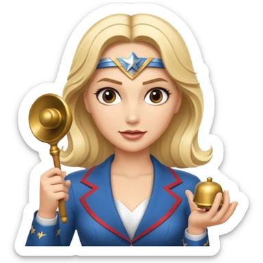 Blonde Wonder Woman holding bell and short white orchestra conductor’s baton  sticker