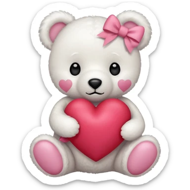 white teddy bear with pink bow holding heart sticker