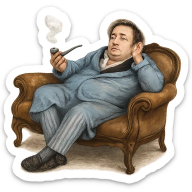 Герой Обломова в слегка рисованном, но при этом реалистичном и объемный стиле, со слегка растерянным видом развалился на дорогой кушетке 19 века, прозрачный фон sticker