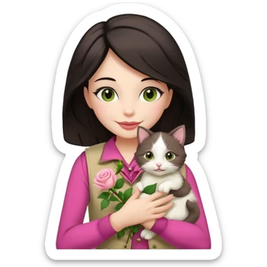Make me an iphone avatar sticker of a woman with slightly brown black wavelength hair, dark brown eyes, slightly yellow white skin, pink lips, brown clothes and cream vest with a rose flower motif who is smiling and hugging a white kitten with green eyes. sticker