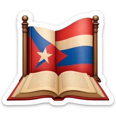Timeless book with Puerto Rican flag design, theater stage symbol carved in wood, parchment and wooden textures, warm tones with a subtle glow, representing the history of scenic design sticker