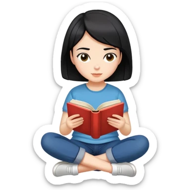 Girl with short hair sitting cross-legged reading an open book sticker