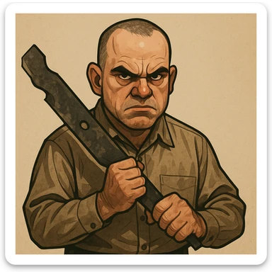 stylized character of Carl from Sling Blade holding a lawnmower blade, intense look, neutral background sticker