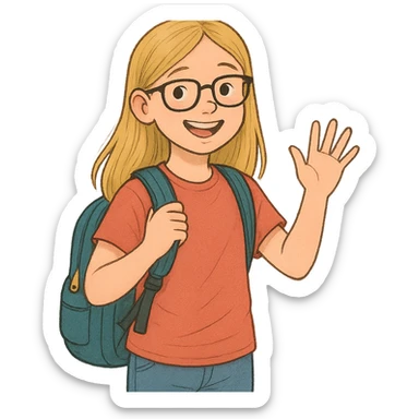 6th grade girl with blonde hair and glasses, waving, wearing a backpack sticker