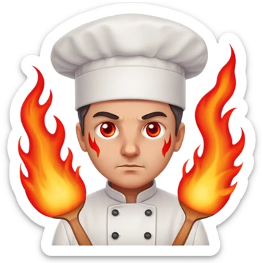 focused chef with glowing red eyes, flames bursting sticker