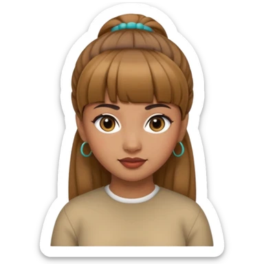 In Apple Memoji format, a girl with bangs and her hair in a bun. The girl has light brown skin and arab ethnic features sticker