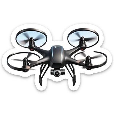 An icon showing a racing quadcopter drone in the foreground, flying at high speed through a course filled with obstacles and checkpoints. Other drones zoom in the background over a dynamic landscape. Transparent background highlights the thrill and precision of drone racing. sticker