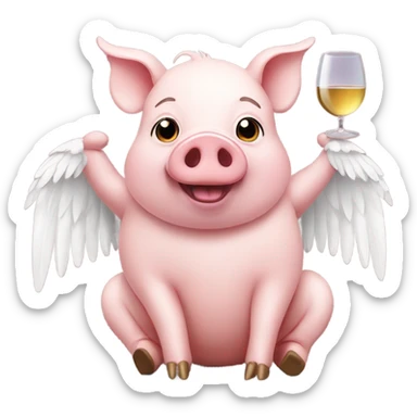 pig with white wings drinking wine sticker