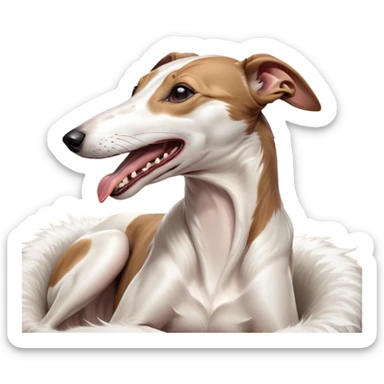 Cinematic Cute Yawning White and Brown Greyhound Portrait Emoji, Head tilted slightly with a dramatic, wide-open yawn, showcasing a pristine white Fur with bold brown markings, floppy ears slightly drooping, round eyes barely open in drowsy contentment, Simplified yet irresistibly adorable features, highly detailed, glowing with a soft, cozy glow, high shine, relaxed yet expressive, stylized with a touch of whimsy, bright and endearing, soft glowing outline, capturing the essence of a sleepy yet affectionate companion, so drowsy it feels like it could stretch out of the screen and curl up for a nap! sticker