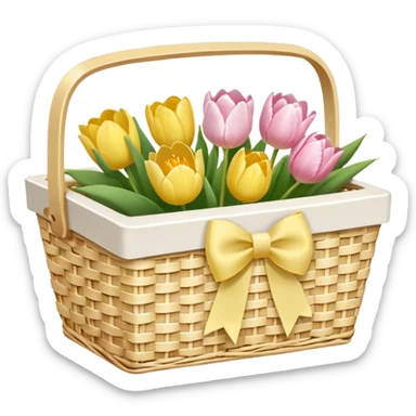 A white Picnic basket with yellow pastel bow, white peonie, tulips sticker