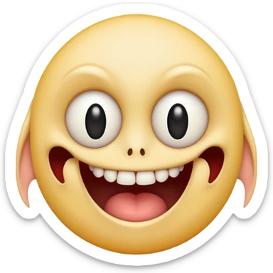 Pale emoji with completely vertical slit eyes, huge creepy grin from ear to ear, scary sticker