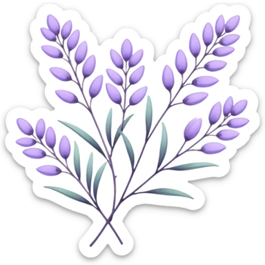 simple flower branches. The art style is clean line art with delicate watercolor textures, pastel colors, and a dominant palette of lavender, soft lilac, and muted purple. sticker