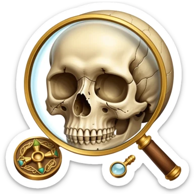 An icon showing a skull and ancient artifacts, representing anthropology. The design features a magnifying glass examining bones, fossils, and cultural symbols, symbolizing the study of human evolution and societies. Transparent background emphasizes the academic and exploratory nature. sticker
