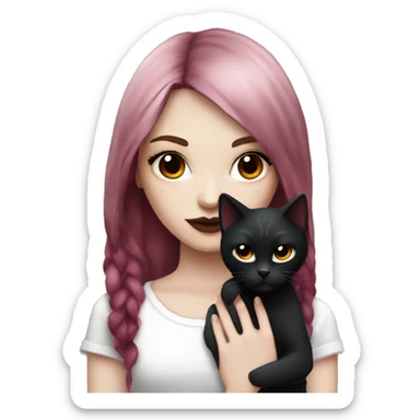 Pale girl with black eyeshadow and burgundy red colored hair with an emo haircut that’s long and layered holding a black cat sticker