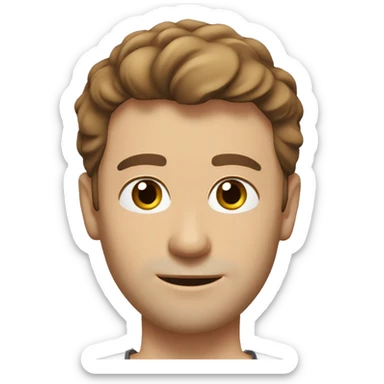 A head and shoulders shot of a 32 year old Caucasian man, with short brown hair,   with brown eyes wearing a t-shirt. sticker