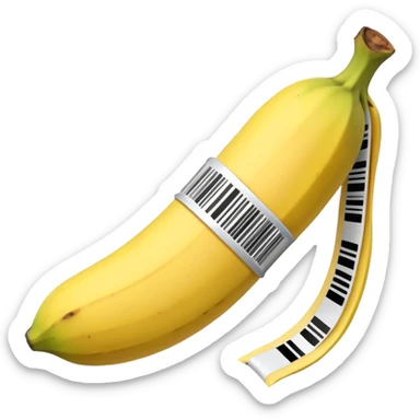 spam can with a barcode as a tie, holding a silenced banana sticker