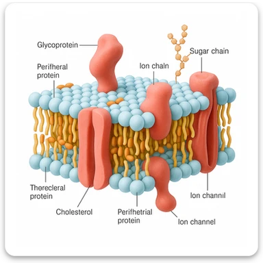 A highly detailed, scientifically accurate cross-section of a biological cell membrane (lipid bilayer) on a white background, ultra-realistic 3D illustration. Show the phospholipid bilayer with hydrophilic heads (round, polar) facing outward and hydrophobic tails (chains) inside. Include embedded proteins (integral and peripheral), cholesterol molecules (small, rigid), glycoproteins with sugar chains, and ion channels. The style should be clean, lab-textbook style, with subtle shadows and depth. Use a color scheme: light blue for hydrophilic heads, yellow for hydrophobic tails, red/pink for proteins, and orange for cholesterol. Microscope-like precision, no artistic stylization. sticker