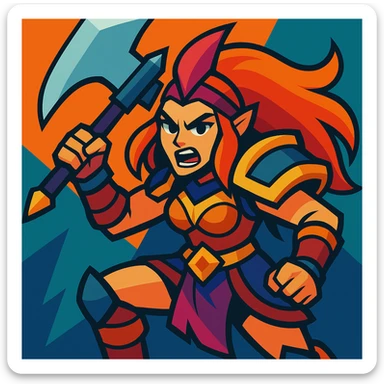 fierce League of Legends warrior with a weapon, vibrant cartoon style sticker