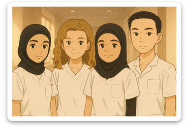 Four nursing students standing side by side indoors, each wearing a white short-sleeved uniform with a V-neck medical tunic, left chest pocket, no collar stand, no stethoscope, nothing protruding from the sleeves, soft ambiance, no feet visible. sticker